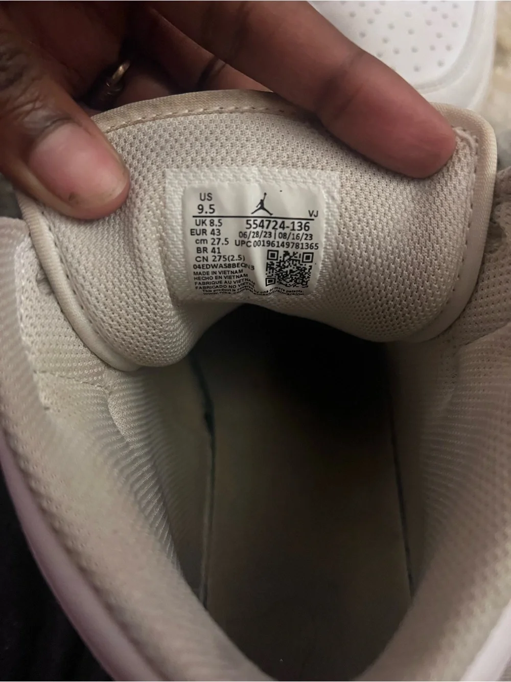 Jordan Soft White Low-Top Sneaker Interior View